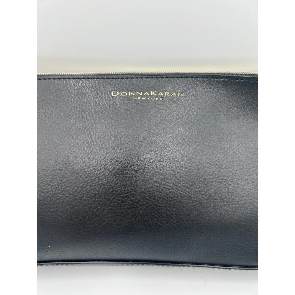 Donna Karan‎ New York Black Pebbled Faux Leather Cosmetic Bag Gold Zip Pouch